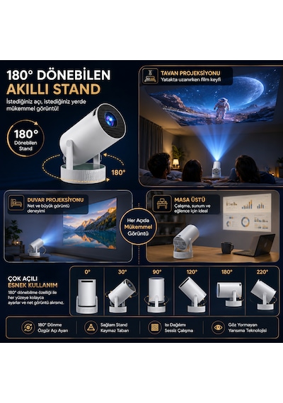 Teknomie 4k Destekli Mini Akıllı Projeksiyon Cihazı Dahili Bataryalı Wifi 6 Bluetooth 5.2 Taşınabilir Projektör