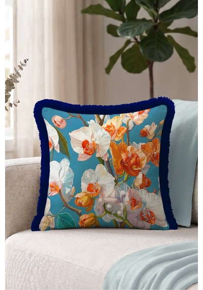 Egzotik Orkide Çiçek Saçaklı Yastık Kılıfı - Botanik Boho Turuncu Lacivert Püsküllü Kırlent Kılıfı Serin Vadi Ritüel Egzotik Orkide Çiçek Saçaklı Yastık Kılıfı - Botanik Boho Turuncu Lacivert Püsküllü Kırlent Kılıfı Serin Vadi Ritüel