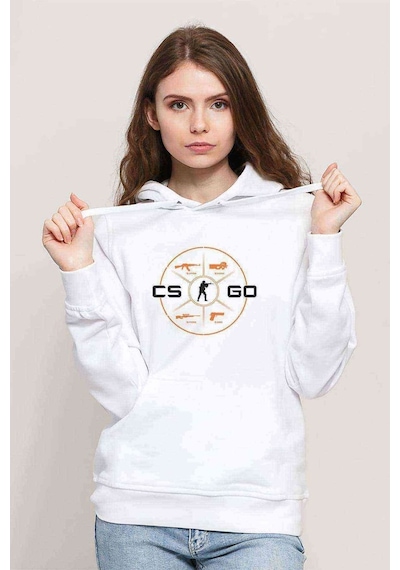 Cs Go Menu Baskılı Beyaz Kadın Kapşonlu Sweatshirt