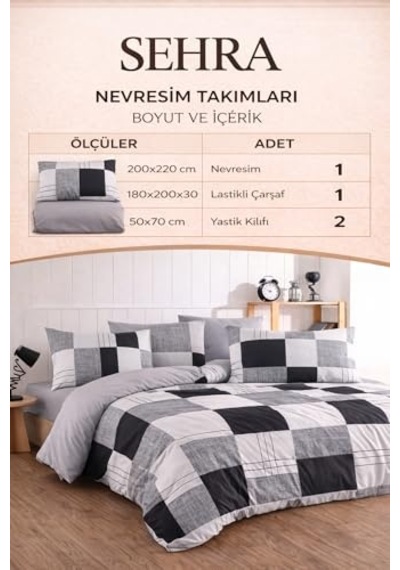 Lüks%80 Pamuklu Çift Kişilik Nevresim Takımı Seti Yorgan Kılıfı Siyah Gri Beyaz Kareli Desen 200x220 Cm + Lastik Diğer