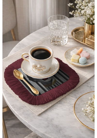 Lüks Portreli Saçaklı Sunum Peçetesi - Sanatsal Glam Retro Bordo Altın Renkli Bardak Altlığı Mendil Çok Renkli