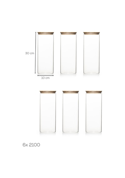 Porsima 4-3 Bambu Vakumlu Kapaklı Yuvarlak Borosilikat Cam 6lı Kavanoz Seti Saklama Kabı 2100ml 10x30cm Cam - Şeffaf