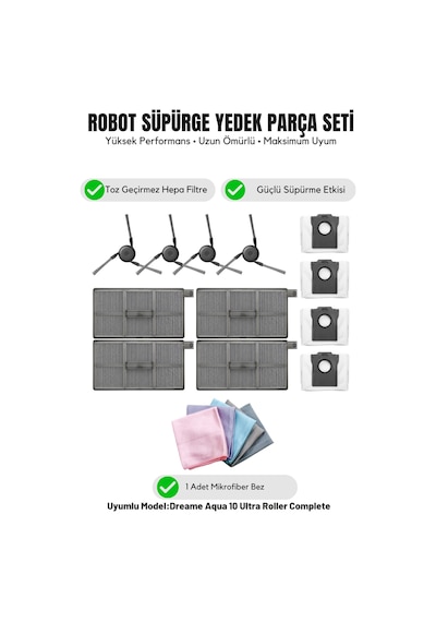Dreame Aqua10 Ultra Roller Complete İle Uyumlu 4 Yan Fırça 4 Filtre 4 Toz Torbası 1 Temizlik Bezi 14.0