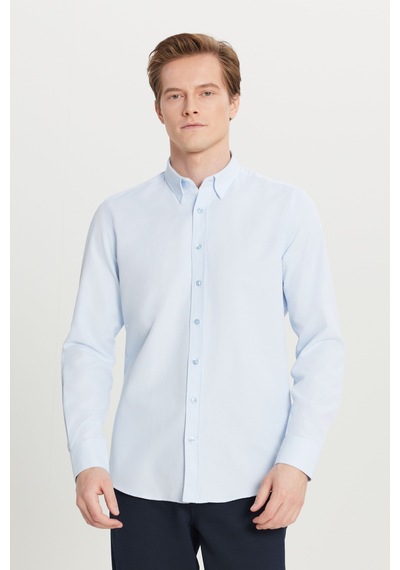 AC&Co / Altınyıldız Classics Erkek Acık Mavı Pamuklu Tailored Slim Fit Dar Kesim Gizli Düğmeli Yaka Armürlü Gömlek Acık Mavı