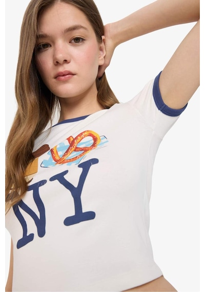 Defacto Coool Fitted Crop Bisiklet Yaka Baskılı Ribana Kısa Kollu Tişört F2785ax25smwt32 Beyaz