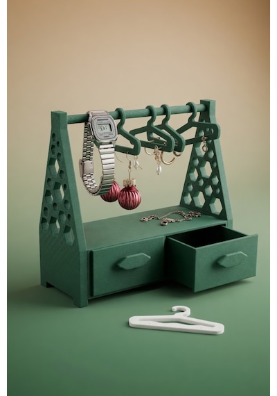 Çekmeceli Takı Organizer Standı Kolye, Küpe, Saat Ve Yüzük Düzenleyici Yeşil