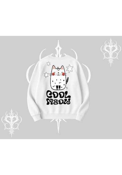 Startmore Cool Meow Yazılı Sevimli Kedi Arka Baskılı Biskilet Sweatshirt Beyaz