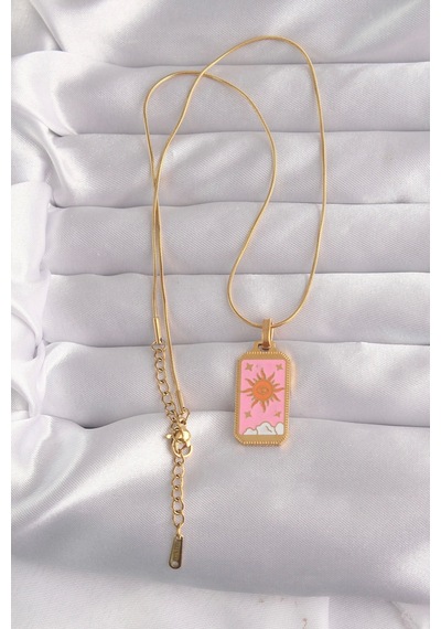 316l Çelik Gold Renk Pembe Mineli Güneş Model Tarot Kolye Çok Renkli