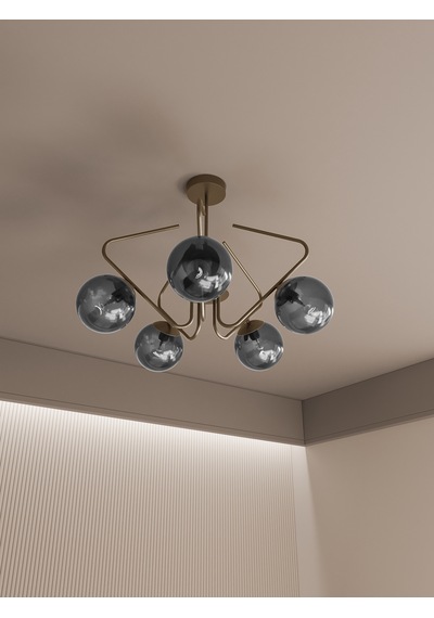 Lunor Eskitme Kasa Füme Cam Küre Başlıklı Modern 5'li Avize