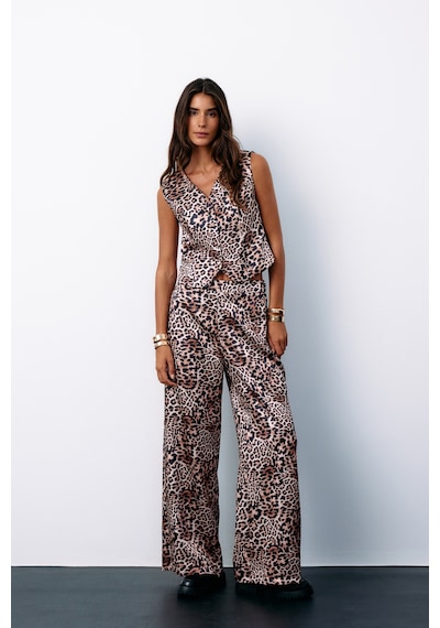 Sateen Leopar Desenli Saten Pantolon - Vizon-135184 Vizon