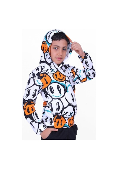 Panios Kids Emoji Desenli Kapüşonlu Unisex Sweatshirt 2 İplik Turuncu