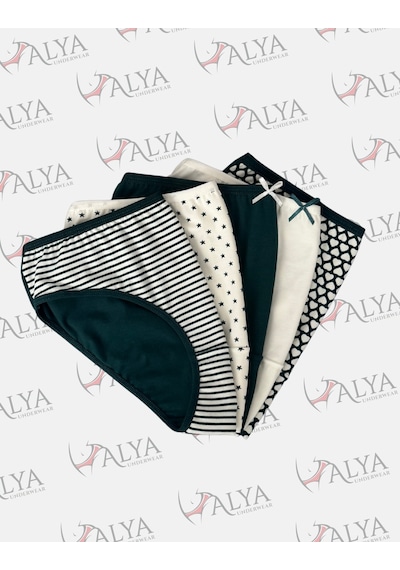 Alya Underwear Pamuklu Kadın Külot Slip Empirme Baskılı Yüksek Bel İç Çamaşırı - 5'li Paket - Lacivert Yeşil P22