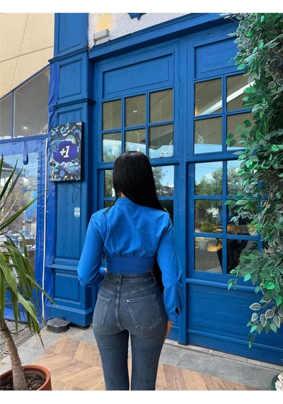 WeShaya Saks %100 Polyester Parçalı Desenli Gömlek Saks