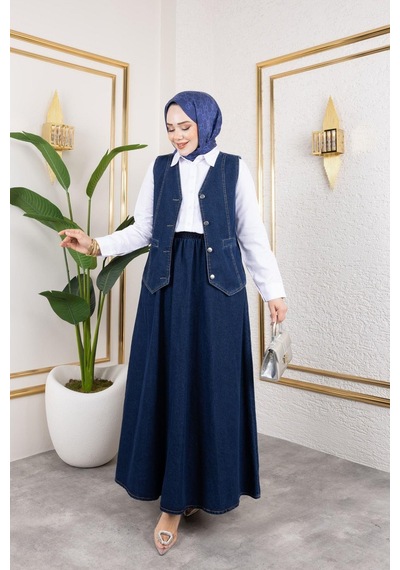 Harman Butik Kadın Kot Yelek-etek 2'li Takım Lacivert Lacivert