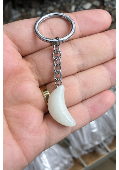 Unisex Ay Figürlü Beyaz Taş Anahtarlık Metal Zincir Kadın Erkek