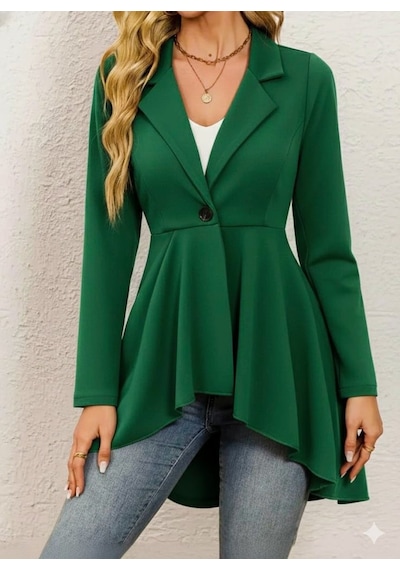 Efnaz Style Kadın Uzun Kollu Yakalı Önden Düğmeli Uzun Atlas Blazer Ceket Yeşil