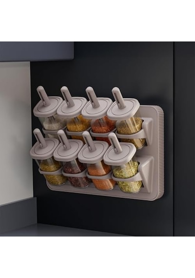8&apos Li Standlı Baharatlık Seti, Tezgah Üstü Ve Duvara Monte, Kilitli Kapak, Şeffaf Kavanozlar, Bpa İçermez, Modern Minimalist, Bej/gri Açık Bej