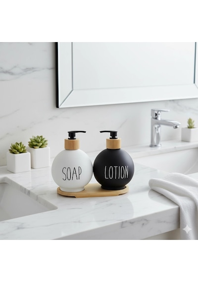 Lüks Tasarım Bambu Standlı 2'li Banyo Sabunluk Seti - Siyah & Beyaz Çok Renkli