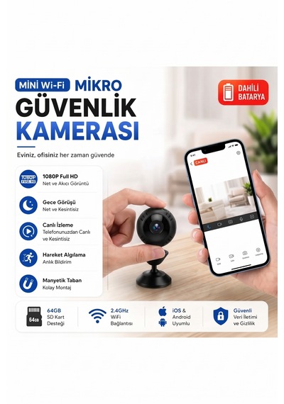 Mini Wi-fi Güvenlik Kamerası 1080p Full Hd Geniş Açı Gece Görüşü Hareket Algılama 64gb Sd Kart Destekli