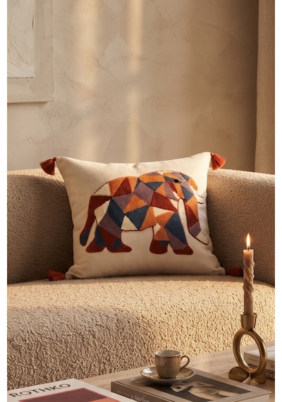 Bohem Renkli Fil Punch Nakışlı Pamuklu Dekoratif Püsküllü Gizli Fermuarlı Kırlent Kılıfı 42x42 Cm Bej