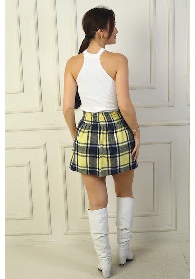 By Saygı Kadın Beli Lastikli Ekose Kareli Mini Kaşe Etek Sarı
