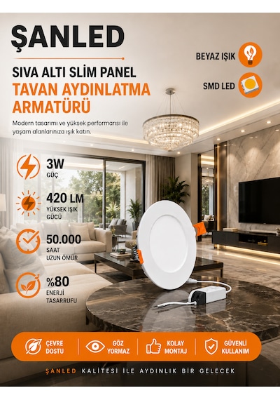 Şanled 3w Tasarruflu Led Yuvarlak Beyaz Işık Sıva Altı Slim Panel 6 Adet