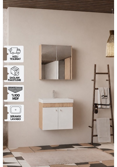 Milano 60 Cm, Lavabolu Banyo Dolabı Seti, Lavabo Dahil, Ayna Dahil, Sonomo Meşe, Mdf Beyaz - Sonomo Milano 60 Cm, Lavabolu Banyo Dolabı Seti, Lavabo Dahil, Ayna Dahil, Sonomo Meşe, Mdf Beyaz - Sonomo