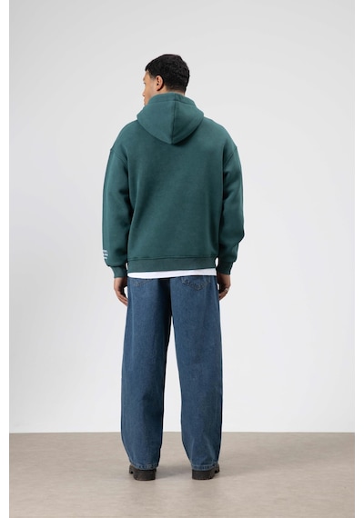 Vamos Oversize Nakış Baskılıkapüşonlu Sweatshirt Nefti Yeşil