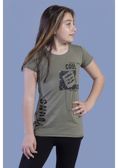 Toontoy Kids Toontoy Kız Çocuk T-shirt Göğsü Lazer Kesim Haki