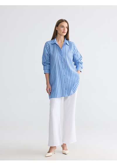 Lcw Everyday Mavi Çizgili Oversize Kadın Gömlek Tunik