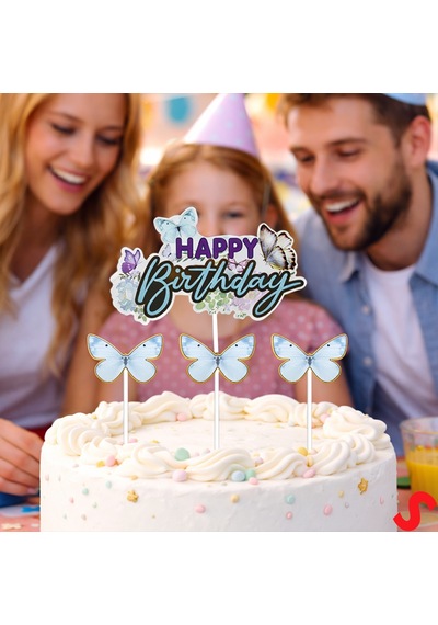 Kelebekli Happy Birthday Pasta Süsü 4 Lü Set - Mavi