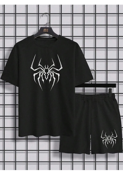 Altamira Erkek Siyah Örümcek Baskılı Şort T-shirt Takım 001