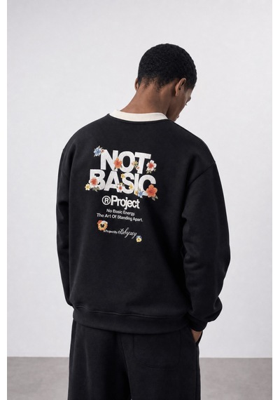 Respire Erkek Not Basic Project Baskılı Oversize Sweatshirt Siyah