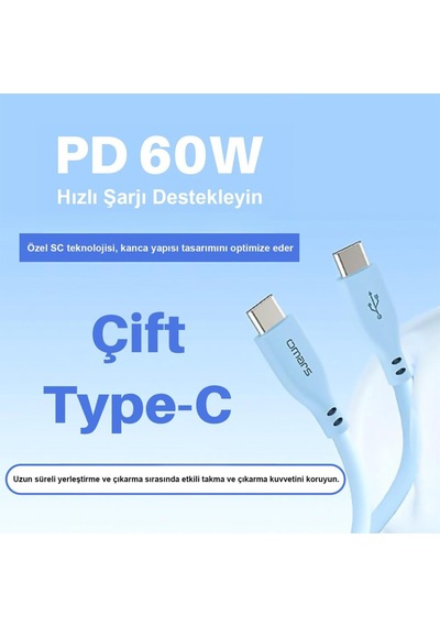 Omars OMCB011B 60W 3A Type-c To Type-c Silikon PD Hızlı Şarj Ve Data Kablosu Mavi 1 M
