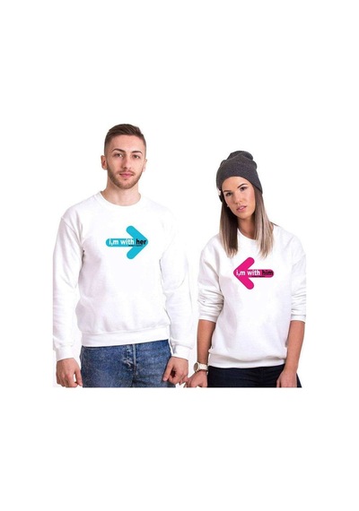 Tshirthane I,M With Tohether Sevgili Kombinleri Unisex Sweatshirt Kırık Beyaz
