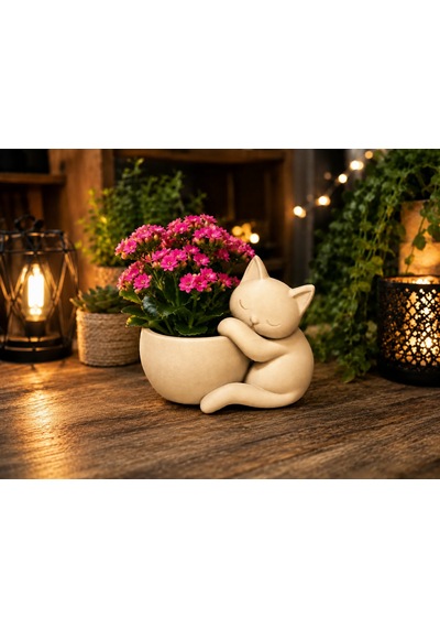 3d Baskı Sarılan Kedi Saksı - Sevimli Dekoratif Saksı - Bej