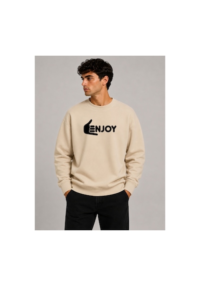Herkesemoda Enjoy Baskılı Bisiklet Yaka Şardonlu 2 İplik Sweatshirt Bej