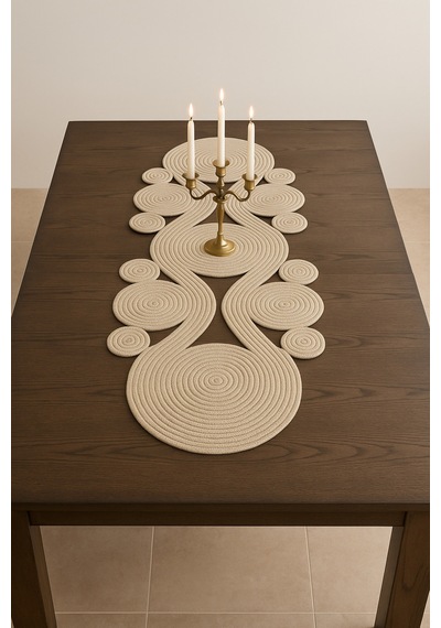 Jüt, Hasır,sarmal Model, Dekoratif Masa Örtüsü, Runner 40x110 Cm, Sehpa Örtüsü, Bohem Tarzı Bej Bej