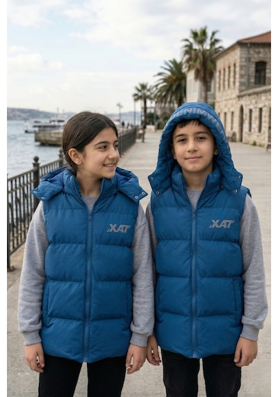 Pina Kids Unisex Çıtçıt Kapüşonlu Baskılı Şişme Yelek Mavi