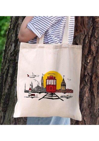 Bk Gift İstanbul Tasarımlı Kanvas Bez Çanta, Baskılı Omuz Çantası, Alışveriş Çantası, Plaj Çantası, Arkadaşa Hediye-3 Sarı