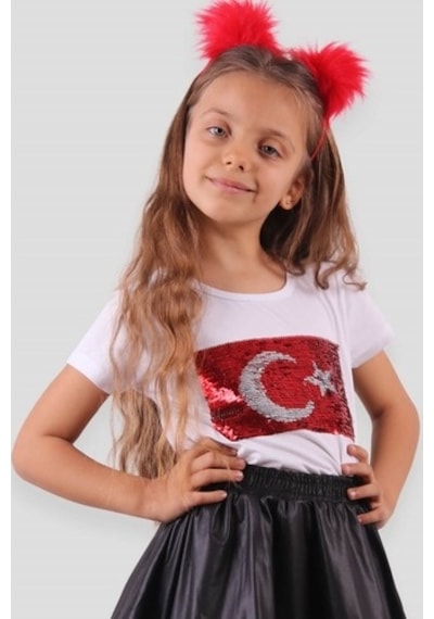 Breeze Kız Çocuk Tişört Pullu Ay Yıldızlı Beyaz (4-14 Yaş)