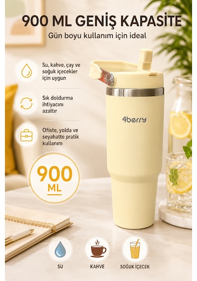 Ss119 900 Ml Çelik Termos Bardak Pipetli Kulplu Taşınabilir Su Matarası Krem