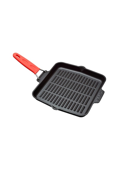 Lava Döküm Kare Sığ Izgara Tavası Silikon Tel Saplı Ölçü 24x24cm. - Kırmızı