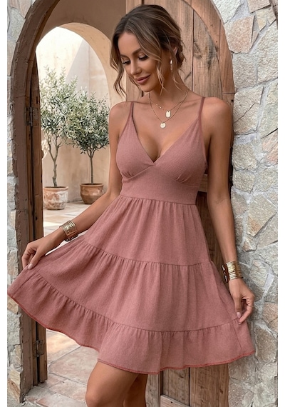 Bella Notte Gül Kurusu Sırt Dekolteli V Yaka Yazlık Elbise Pembe