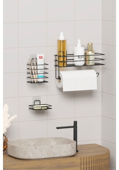 Zabata 7 Parça Yapışkanlı Full Banyo Seti Duş Rafı Havluluk Tuvalet Kağıtlık Sabunluk Diş Fırçalık Siyah