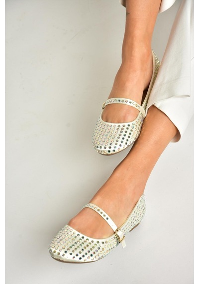 Fox Shoes U726634504 Bej Kumaş Taş Detaylı Kadın Babet Bej-kumaş