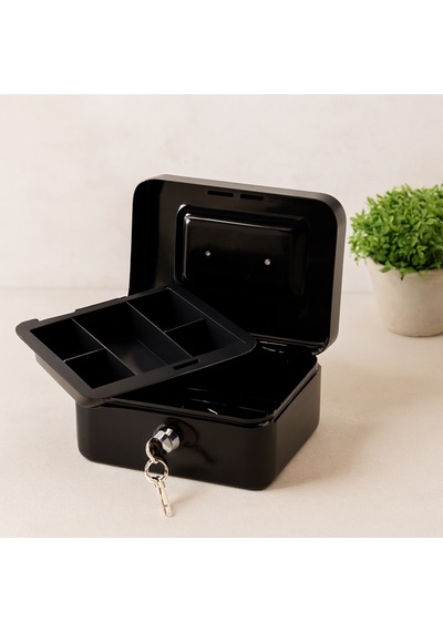 Anahtarlı Metal Para Kutusu 15x12x8 Cm - 6 Bölmeli Taşıma Kulplu