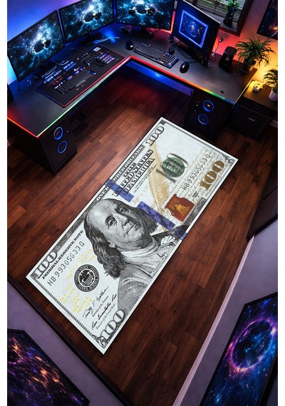 100 Dolar Kaymaz Taban Makinede Yıkanabilir Gaming Para Desenli Oyuncu Gamer Genç Odası Halısı Beyaz