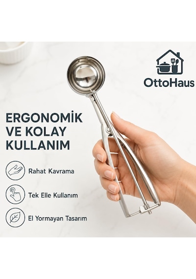 Paslanmaz Çelik Dondurma Kaşığı, Otomatik Yaylı Bırakma Mekanizmalı Porsiyonlama Kaşığı, Kurabiye Hamuru, Köfte, Püre Ve Tatlı Servis Kepçesi
