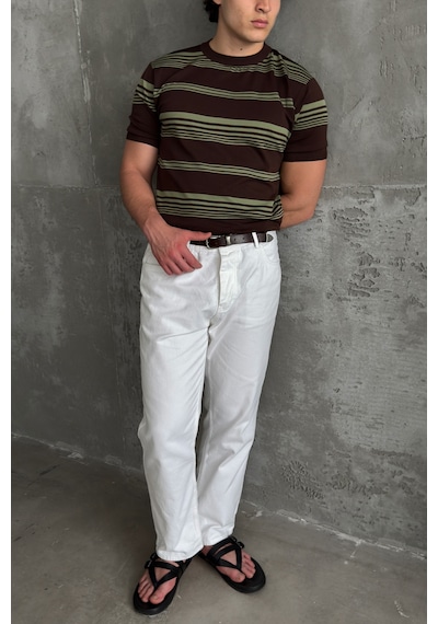 Erkek Bisiklet Yaka Oversize Çizgili Triko T-shirt Kahverengi